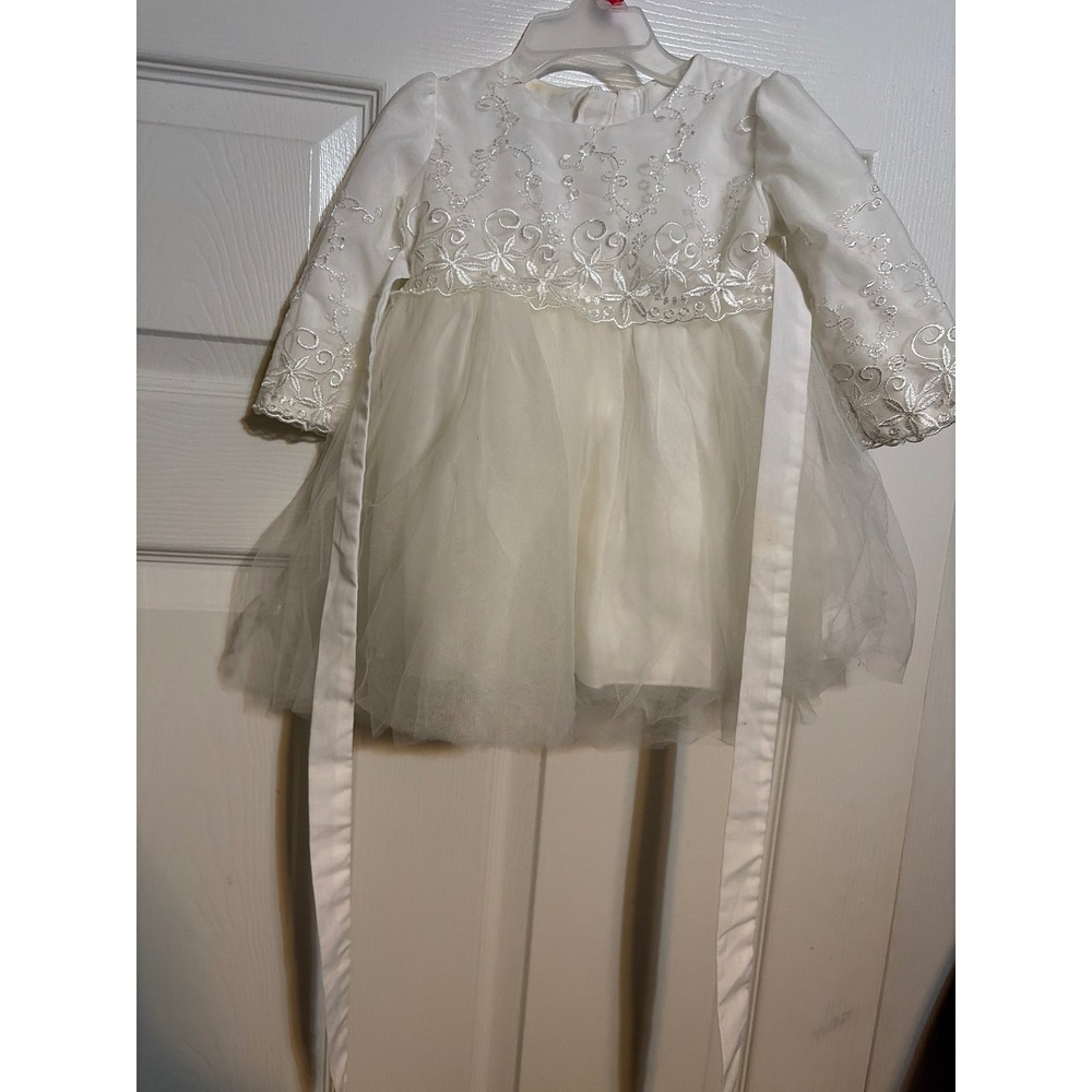 Baby Girl White Embroidered Tulle Christening Baptism Gown Dress 6M Long Sleeve